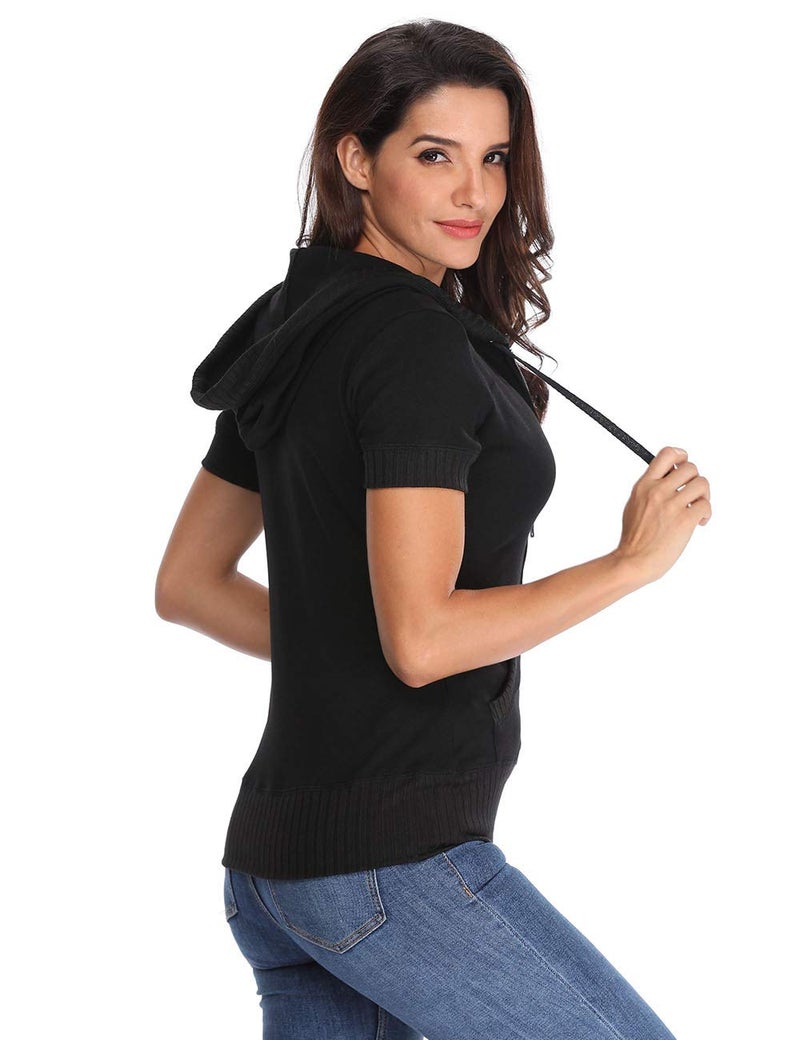 MISS MOLY Women's Short Sleeve Hoodie Full Zip Up Cotton Slim Fit Sweatshirt Kanga Pocket Black L - Image 5